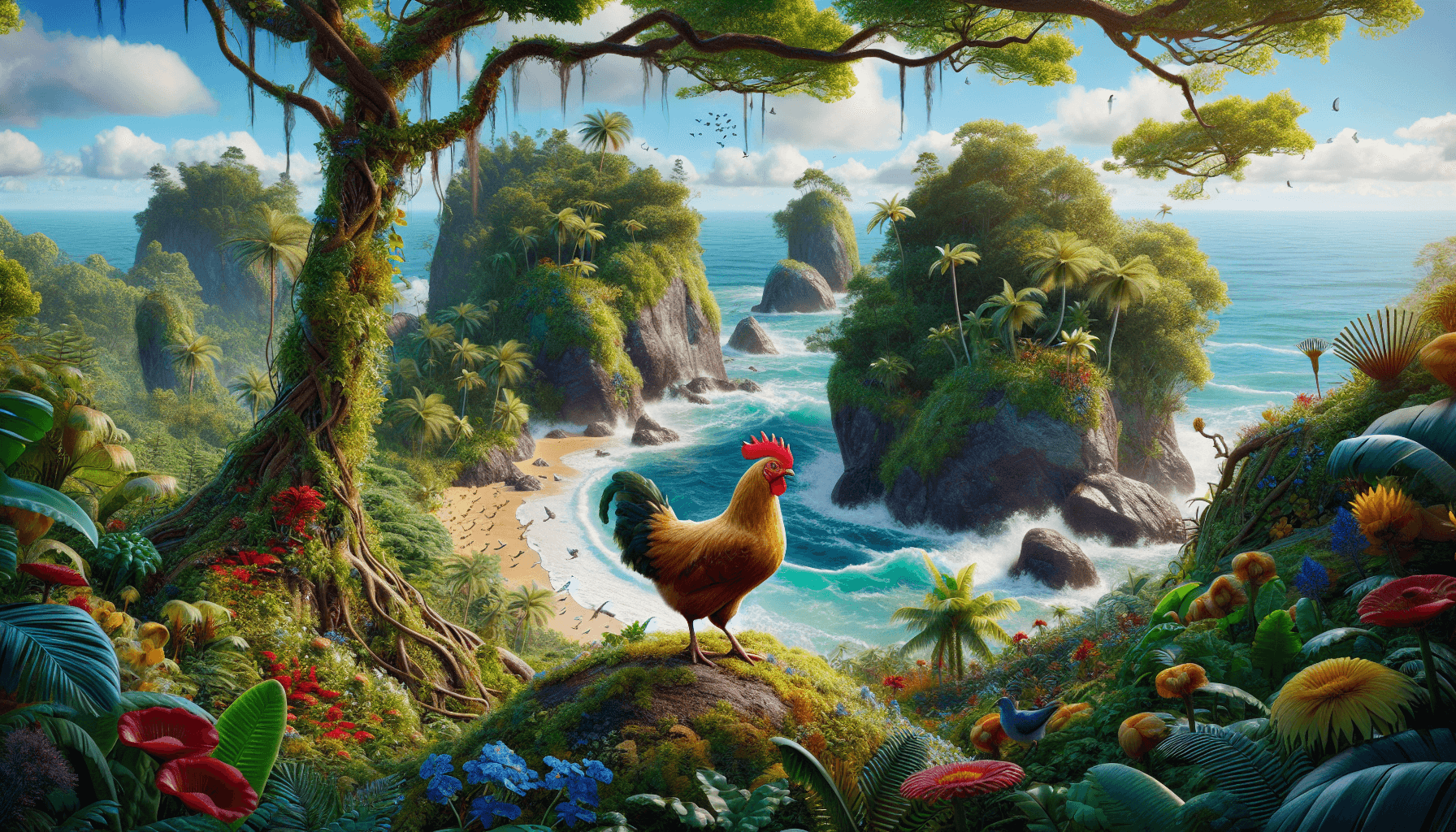 Cartoonish island with exploring chicken